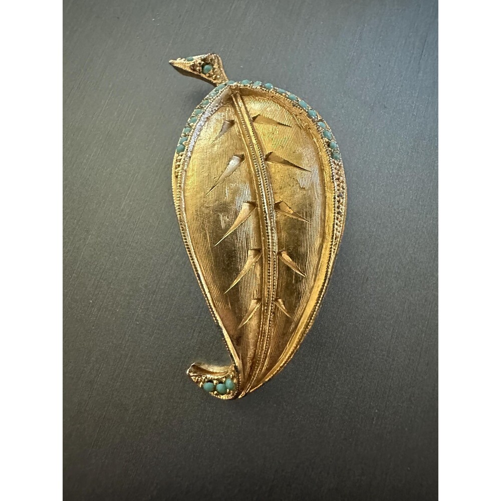 Vintage Gold Tone Leaf with Blue Beads Brooch
